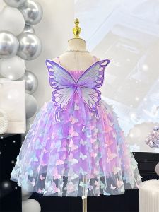 Girls Summer Butterfly Net Gown Korean Style Princess Dress Performance Outfit Child Fashionable Little Girl Purple Strap Dress