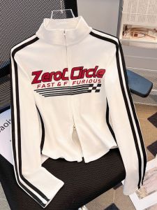 Stand Collar Print Long Sleeves T-Shirt Female Early Autumn 2024 New Arrival Unique Chic Slim-Fit Crop-Top Double Zipper Cardigan