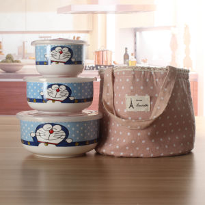 Bộ Bát Tròn Gốm Hellokitty Ba Hộp Cơm Trưa An Toàn Cho Lò Vi Sóng Bát Salad Có Nắp Đậy Và Túi Giữ Tươi Hộp Đựng