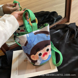 Cute Canvas Bucket Bag Womens Summer 2024 Fashionable Handheld Crossbody Bag Versatile Cartoon Canvas Shoulder Bag