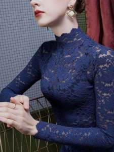 European Goods Stretch Shirt Tops 2024: Autumn Stand Collar Lace Bottoming & Women's Mesh Slim Fit