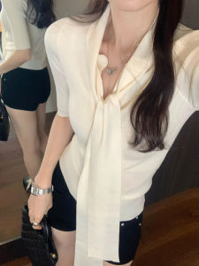 Korean Style V-Neck Short Sleeve Knitted Top Womens Summer 2025 New Slim Fit Belted Short Length Tunic Shirt Commute Style