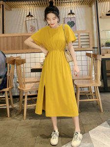 [Flash Sale!!] 2023 New Short-sleeved Loose Round Neck A-line Maxi Dress Womens French High Waist Elegant Solid Color Long Slit Long Dresses