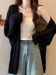 สีดำ น้ําแข็ง ผ้าไหม ความยาวปานกลาง แขนกุด คาร์ดิเกน ผู้หญิง ฤดูร้อน ผ้าคลุมไหล่แขนยาวไขมัน Mm ขนาดใหญ่ เสื้อแจ็คเก็ต เสื้อท่อนบน