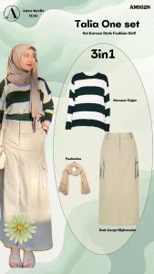 Setelan One Set Wanita Hijab (Sweater Rajut + Rok Cargo + Pashmina Jersey + Kacamata) AM162N