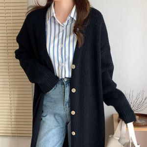 เสื้อคาร์ดิแกนถักยาวคลุมเข่าทรงหลวมสำหรับผู้หญิงในฤดูใบไม้ร่วงและฤดูหนาว เสื้อสเวตเตอร์คอวีแขนยาวทรงหลวมสำหรับผู้หญิง