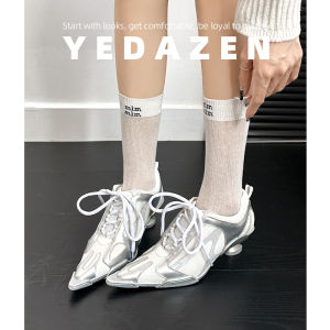Silver Pointed Toe Lightweight Sport Shoes Casual Tie Knot Ballet Style High Heel 2025 New Fashion Mesh Patchwork Color Block