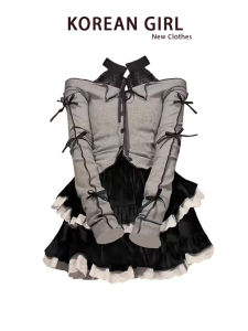 Y2k Cay Cô Gái Đen Puff Váy Ngắn Cho Phụ Nữ Có Dây Buộc Cổ Áo Thun Tay Dài Bánh Váy 2 Bộ Trang Phục Thu Đông