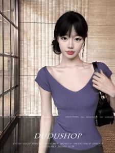 HUOLISI | Purple V-Neck Short Sleeve T-Shirt Design Fashion Waist Shaping