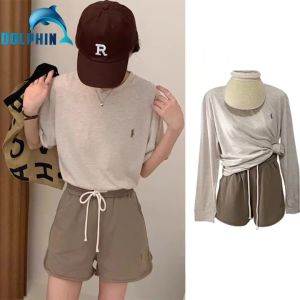 2024 new American retro suit female pony embroidery thin loose sun casual long sleeve shorts two-piece set
