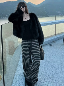 Korean Style High Waist Striped Knitted Casual Pants Womens Autumn Winter Small Size Slimming Floor-Length Straight Leg Pants