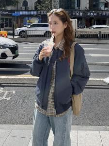 American Retro Womens Spring Autumn Loose Versatile Short Flight Jacket Baseball Uniform Trendy Outerwear Casual Style