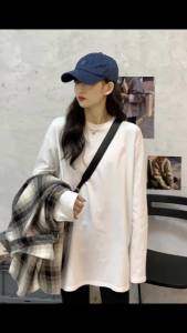 สีขาว ผู้หญิง แขนยาว ผ้าฝ้าย เสื้อยืด หลวม Fit พรางหุ่น เสื้อชั้นในสวมใส่ด้านใน ฤดูใบไม้ร่วง ฤดูหนาว สไตล์ใหม่ ลำลอง เสื้อท่อนบน #77