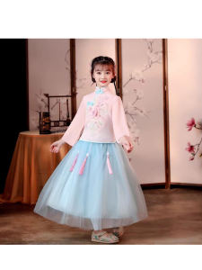 Childrens Hanfu Ancient Costume Embroidered Romper Girls Pink Tang Suit Spring Season Polyester Fiber Traditional Ethnic Wear