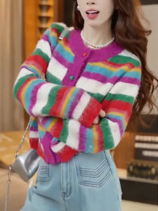 QINGNAER | Soft Comfortable Gentle Large Size Striped Colorful Button Sweater Cardigan