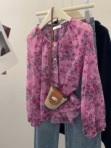 PAIBOLI | Summer 2025 Fashion Floral Loose Round Neck Long Sleeve Top Thin Sun Protection Womens Chiffon Shirt Overhead Korean Style