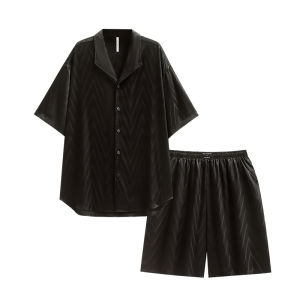 yuenei | ชุดนอนผู้ชายผ้าไหมน้ำแข็งฤดูร้อน กางเกงขาสั้นแขนสั้น ชุดอยู่บ้าน สีดำ ขนาดใหญ่ หรูหรา คอกลม ปกเล็ก แขนหลวม ผ้าโพลีเอสเตอร์