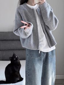 Gray Short Knitted Zipper Cardigan Womens Fashion Spring Autumn New Style Casual Loose Fit Long Sleeve round Neck Sweater