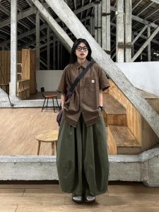 กระโปรงทรงลูกไม้สีเขียวทหารสไตล์ญี่ปุ่น กระโปรงทรงลูกโป่งยาวปานกลางสำหรับผู้หญิงในฤดูใบไม้ผลิ กระโปรงทรงเอเอวสูง