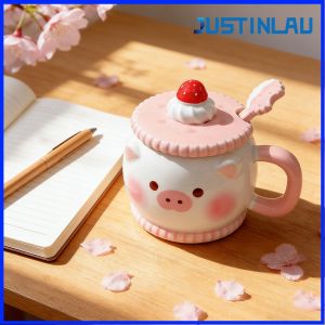 JUSTINLAU 450ML Dessert Piggy Mug Ceramic Glass Coffee Mug with Spoon Kitten Mug Household Milk Juice Cup Creative Styling Gift