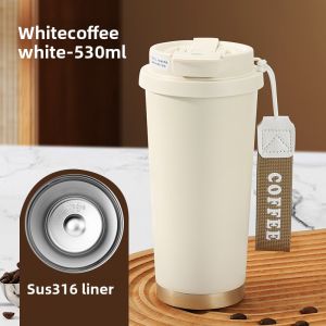 Mongdio Large Capacity Ceramic Inner Barrel Insulated Mug Portable Straw Cup for Coffee Outdoor Carry Modern Minimalist Style