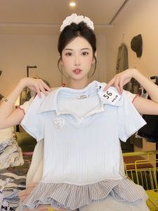 Áo Thun Polo Ren Cổ Chữ V Tay Ngắn Mùa Hè Cho Nữ Áo Thun Tay Ngắn Họa Tiết Sọc Viền Xếp Ly Trang Trí Ngọc Trai Phong Cách Hàn Quốc