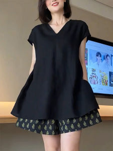 QINGNAER | French Style Large Size Black V-neck Slit Short Sleeve T-shirt