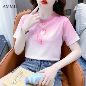 AMMIN เสื้อเบลาส์แฟชั่นเสื้อยืดคอกลมเรียบง่ายสำหรับผู้หญิงเสื้อเบลาส์ Sablon Bunga ดีไซน์เปลี่ยนสีได้แบบค่อยเป็นค่อยไปเสื้อยืดผ้าฝ้ายแขนสั้นยืดสไตล์ฉบับภาษาเกาหลี