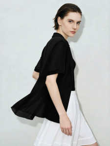 AMII | New Style Notched Collar Spliced Chiffon Short Sleeve Slit Blazer