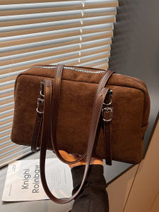 Large Capacity Suede Tote Bag Commuter Shoulder Crossbody Bowling Boston Bag Soft PU Leather Zipper Closure Womens Bag