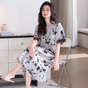 Miiow | Pure Cotton Short Sleeve Midi Dress Womens Summer Thin Home Clothes Cat Person New 2025 Sleepwear Comfortable Breathable