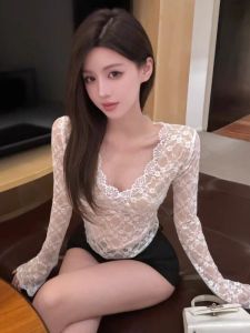 GUZILIAN | Low Cut V Neck Lace Base Shirt Womens Early Autumn Inner Wear Standard Fit Knitted Long Sleeve Bell Sleeve Pure Color