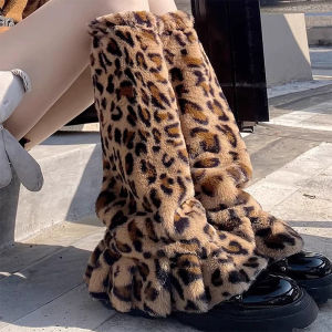 ถุงเท้าขน Faux สำหรับผู้หญิง Y2K ปลอกสวมขาผ้ากำมะหยี่ลายเสือดาวอบอุ่นที่อุ่นขาฤดูหนาว