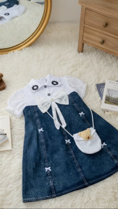 Sheila Dress Jeans Lengan Brokat Anak Perempuan Usia 3-8 Tahun / Dress Jeans Terbaru Anak Kekinian / Midi Dress Lengan Brokat Anak Perempuan Viral - COD