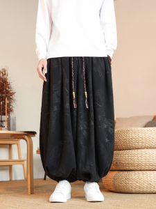 Thickened Orlon Mens Pants Winter Floral Pattern Embroidery Wide Leg Lantern Pants Loose Fleece Sports Pants Casual Trousers