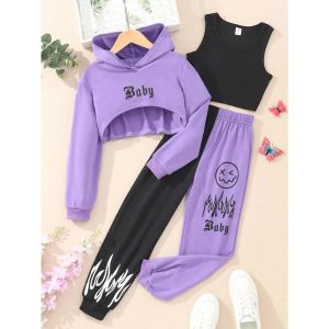 3 Pcs Set Kids Girl Clothes Hooded Hoodie + Vest + Pants Spring Summer Fashion Outfit Streetwear Suit 7 8 9 10 11 12 Years Old