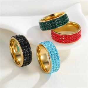 Stainless Steel Rings For Women Charm Colorful Green Red Blue Black Rhinestone Round Wedding Bands Engagement Party Jewelry