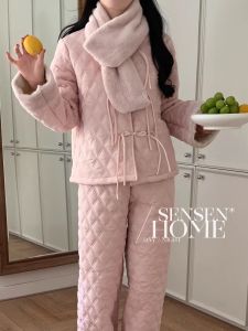 Thickened Flannel Sleepwear Womens Long Sleeve Cotton Pajamas Set with Neck Warmer Outerwear Winter Home Clothes Ensemble