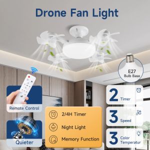 DIBILUN | E27 Spiral Ceiling Fan Lamp with Remote Control  110-220V for Living Room Bedroom Bottom Noise Mute E27 Base 2 In 1fans Light