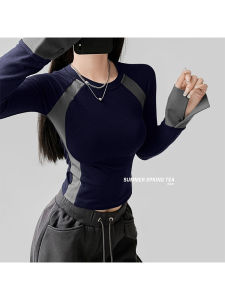 Summer Spring Tea American Patchwork Contrast Color Sports Long Sleeves T-shirt Female Winter Silm Slim Looking Short Inner Wear Tops New Arrival