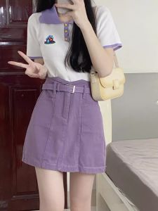 Summer Dopaamine Womens Outfit Purple Sweet Cool Denim Short Skirt Long Sleeve Polo Neck Two-Piece Set Fashionable Workwear
