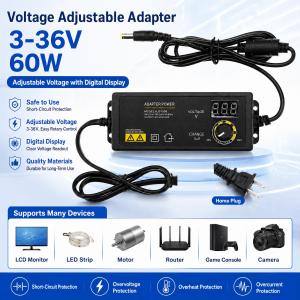 [Vodool Home Mall] 3-36V 60W/96W Power Supply Adapter with LED LCD Digital Display Screen Power Switching Adapter Adjustable Voltage Regulation for Game Player Motor rout-er
