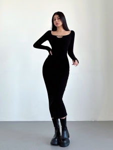 Liviahome ชุดเดรสยาวคอเหลี่ยมแขนยาวผู้หญิงฤดูใบไม้ผลิ 2025 ชุดเดรสยาวทรงเอเข้ารูปดีไซน์ใหม่พร้อมกระดุมเพชร