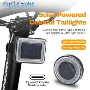 CYCLE ZONE | Solar Bicycle Tail Light Colorful Bicycle Rear Lamp Type-C Charging Bike Warning Taillight Cycling Accessories Easy to Install