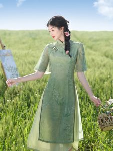 Elegant Green Summer Dress New Chinese Style Young Cold Tone Womens Fashionable Short Sleeve Long Qipao Daily Polyester Fiber