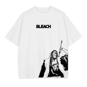 Bandai | Bandai Anime B-Bleach T Shirts Oversized Vintage Washed Zaraki Kenpachi T-shirt Manga Retro Kurosaki Ichigo Tops Tees Man Cotton
