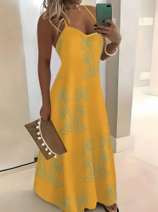 Printed Design summer vacation style Palm Trees On Yellow Dress spaghetti strap dress