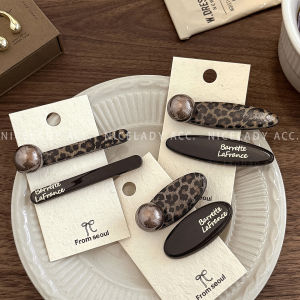 NiceLadyAcc Pearl Leopard Print Oval Hair Clips Womens Side Bangs Duckbill Clip Hair Accessories High Version Coffee Color