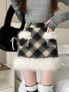 Thickened Wool Plaid High Waist A-Line Mini Skirt Womens Winter Vintage Warm Red New Years Skirts Commute City Scenarios