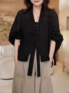 QINGNAER | Black Light Translucent Flutter Sleeve Loose Casual Summer Blouse